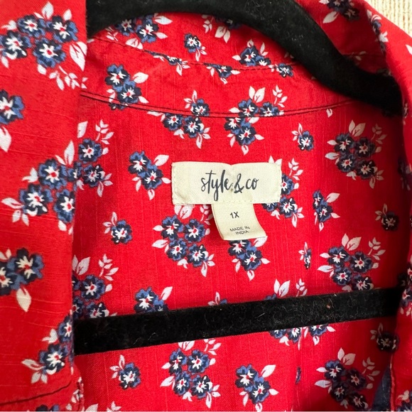 Style & Co 1X Floral Patchwork Red White Blue Button Up - Picture 6 of 7